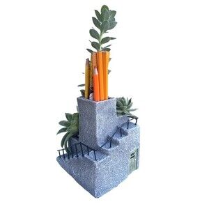 Minimalist Modern Adobe Desk Top Planter & Pen Holder, Green Door